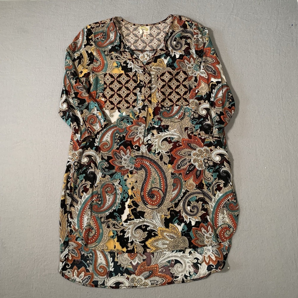 Anthropologie‎ Fig & Flower Floral Paisley Tunic Shirt Sheath 3/4 Sleeves Large